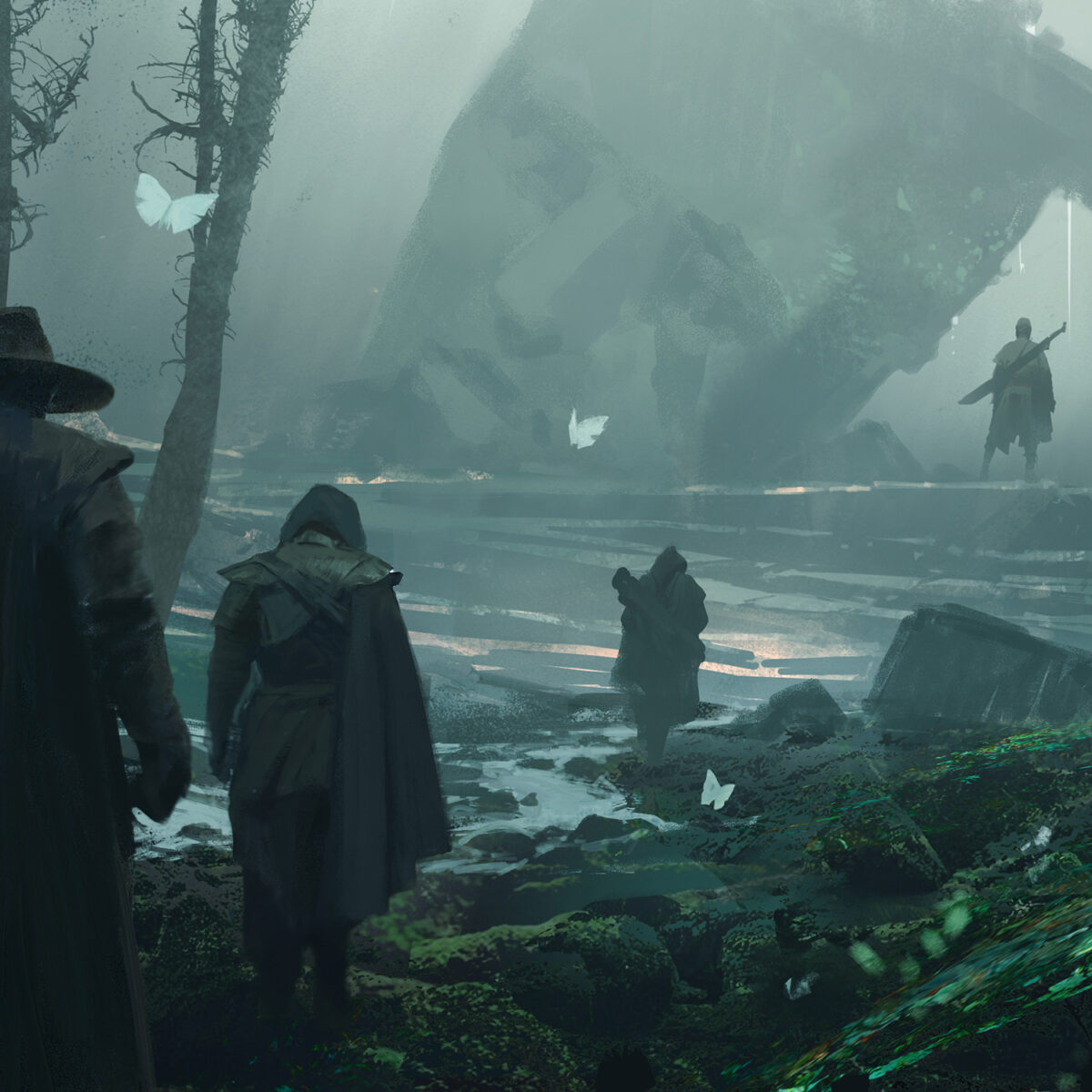 Ilustracja przedstawiająca wędrowców patrzących na powalony posąg w tle